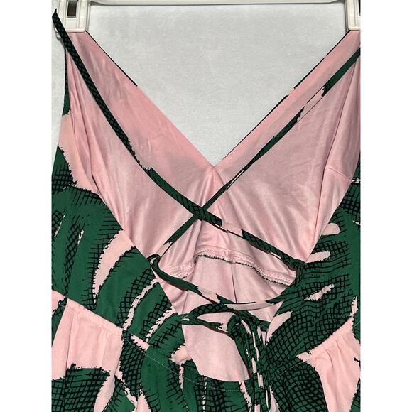 Express Asymmetrical Midi Dress 4 Pink Green Palm Print Strappy Back Sundress - Picture 5 of 12